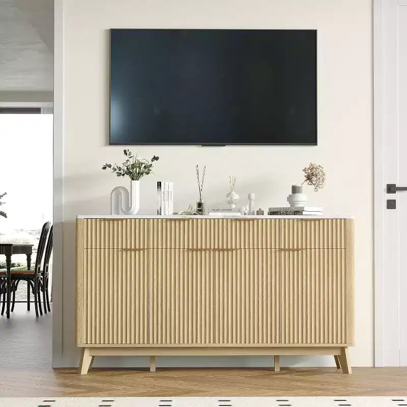Madia Credenza con Fianchi Scanalati, 3 Cassetti e Ripiani Regolabili, Mobile TV Moderno Largo 150 cm per Soggiorno
