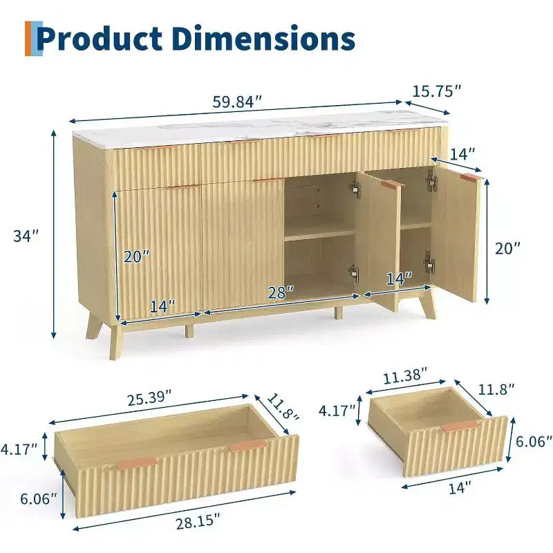 Madia Credenza con Fianchi Scanalati, 3 Cassetti e Ripiani Regolabili, Mobile TV Moderno Largo 150 cm per Soggiorno