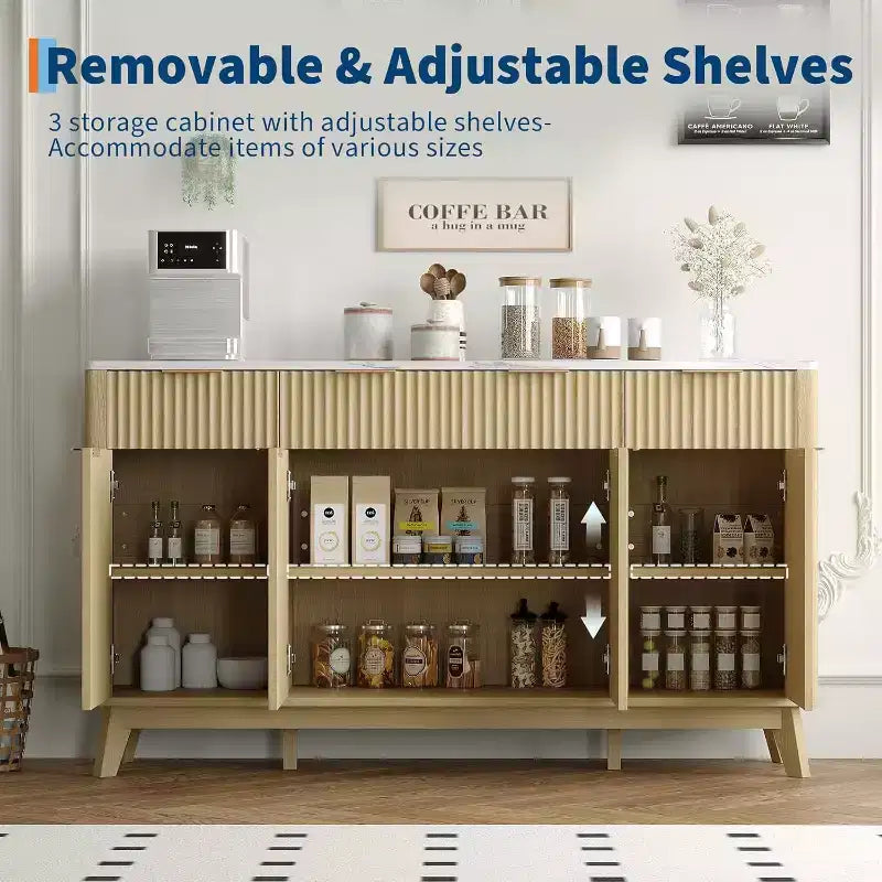Madia Credenza con Fianchi Scanalati, 3 Cassetti e Ripiani Regolabili, Mobile TV Moderno Largo 150 cm per Soggiorno