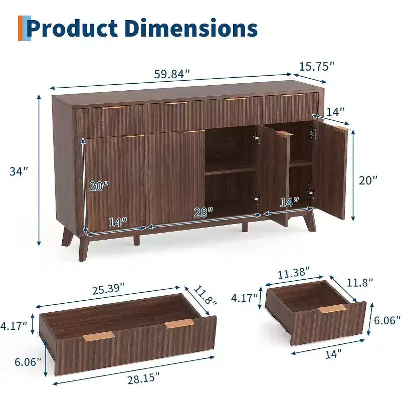 Madia Credenza con Fianchi Scanalati, 3 Cassetti e Ripiani Regolabili, Mobile TV Moderno Largo 150 cm per Soggiorno