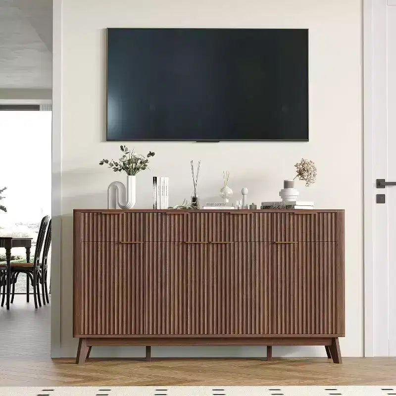 Madia Credenza con Fianchi Scanalati, 3 Cassetti e Ripiani Regolabili, Mobile TV Moderno Largo 150 cm per Soggiorno
