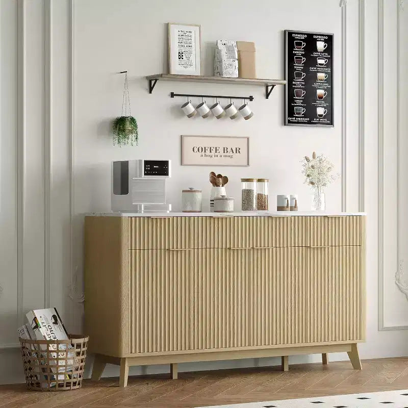Madia Credenza con Fianchi Scanalati, 3 Cassetti e Ripiani Regolabili, Mobile TV Moderno Largo 150 cm per Soggiorno