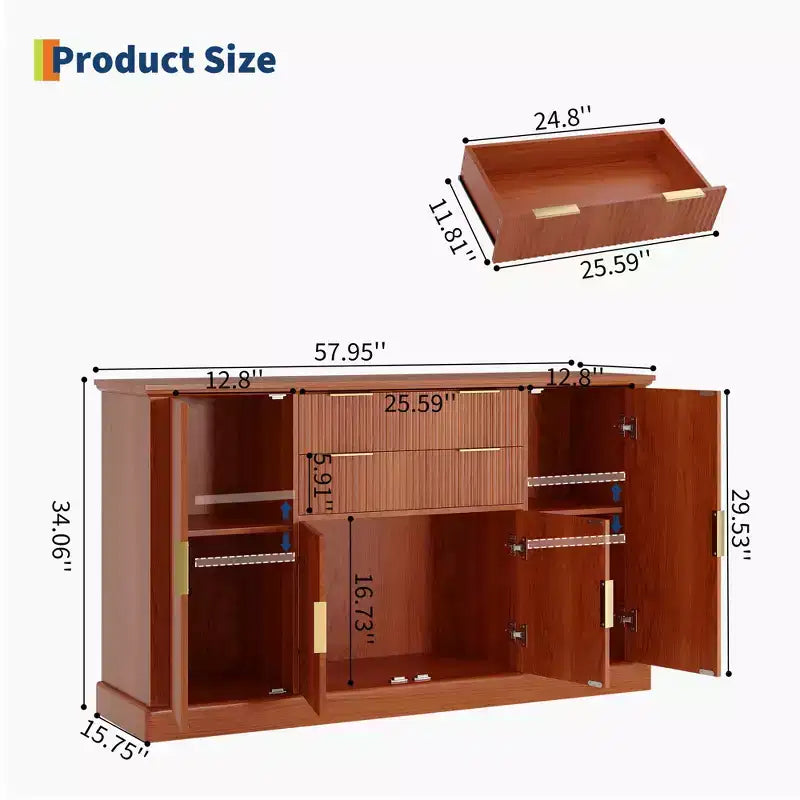 Credenza a Buffet da 147 cm, Mobile Bar per Caffè con Scanalature e 2 Cassetti, Tavolino per Media in Legno, Credenza d'Appoggio per Soggiorno, Cucina, Noce