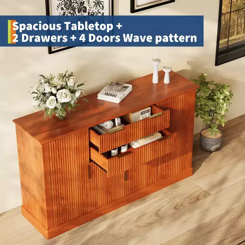 Credenza a Buffet da 147 cm, Mobile Bar per Caffè con Scanalature e 2 Cassetti, Tavolino per Media in Legno, Credenza d'Appoggio per Soggiorno, Cucina, Noce