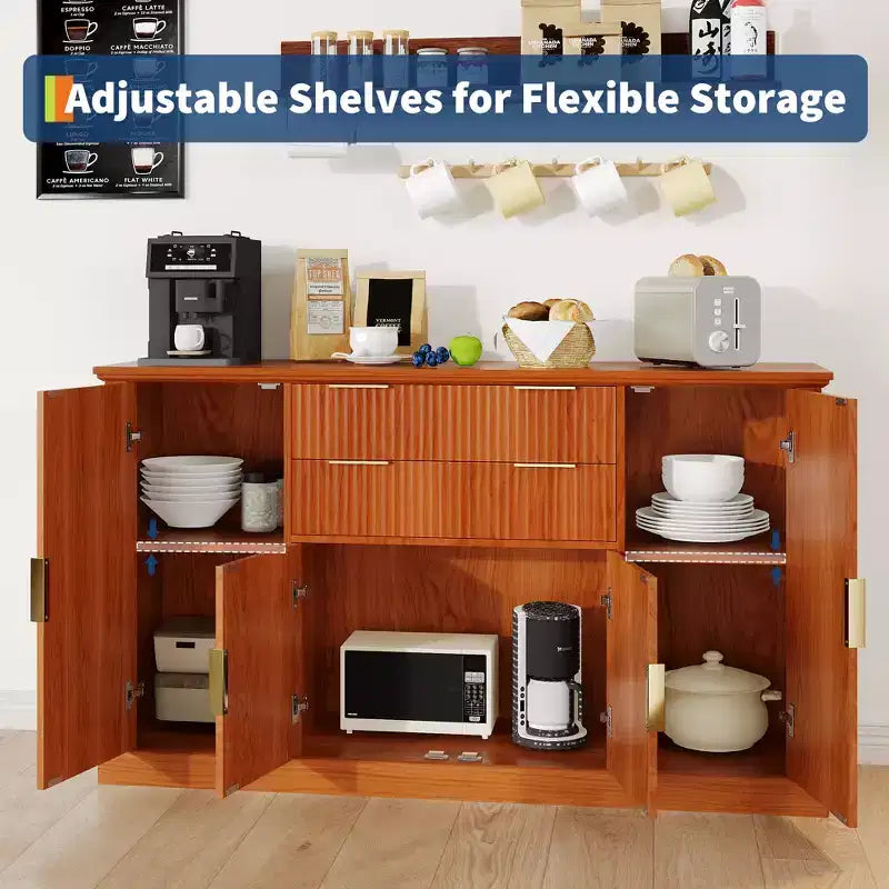 Credenza a Buffet da 147 cm, Mobile Bar per Caffè con Scanalature e 2 Cassetti, Tavolino per Media in Legno, Credenza d'Appoggio per Soggiorno, Cucina, Noce