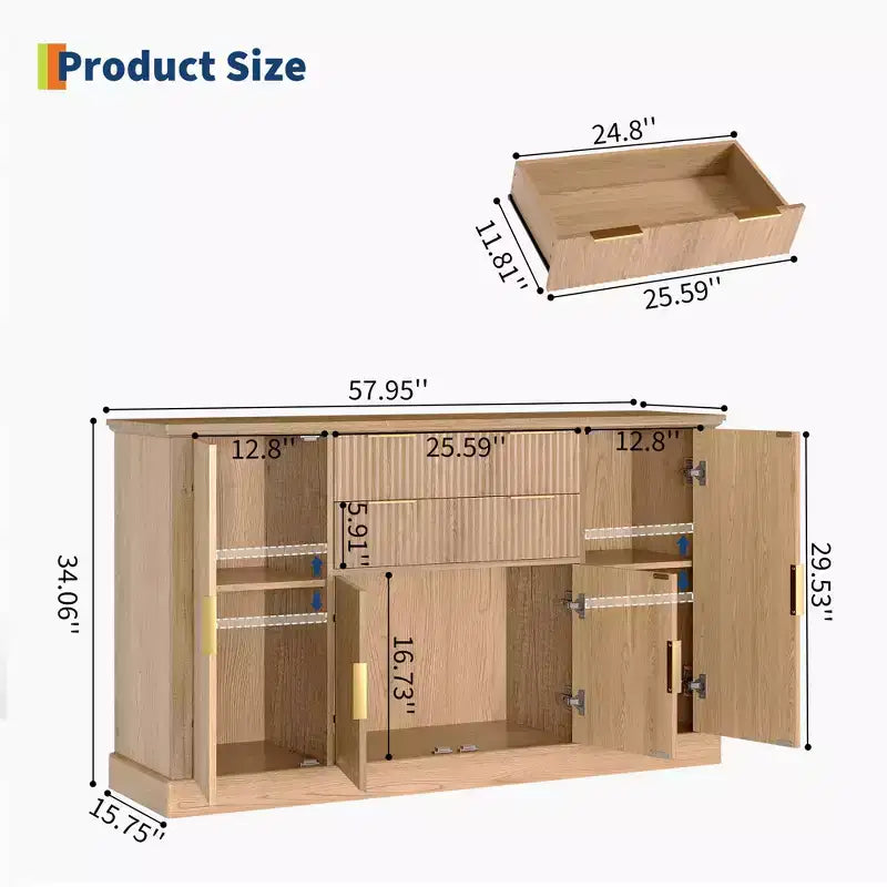 Credenza a Buffet da 147 cm, Mobile Bar per Caffè con Scanalature e 2 Cassetti, Tavolino per Media in Legno, Credenza d'Appoggio per Soggiorno, Cucina, Noce