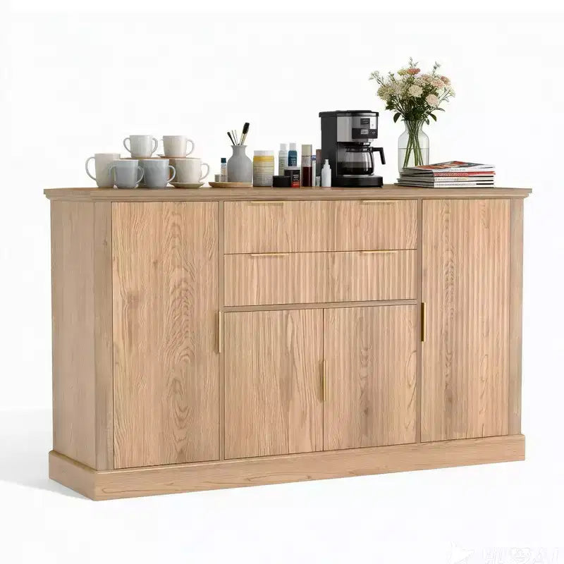 Credenza a Buffet da 147 cm, Mobile Bar per Caffè con Scanalature e 2 Cassetti, Tavolino per Media in Legno, Credenza d'Appoggio per Soggiorno, Cucina, Noce