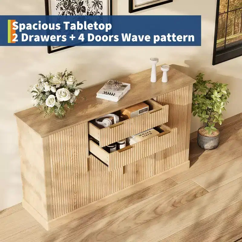 Credenza a Buffet da 147 cm, Mobile Bar per Caffè con Scanalature e 2 Cassetti, Tavolino per Media in Legno, Credenza d'Appoggio per Soggiorno, Cucina, Noce