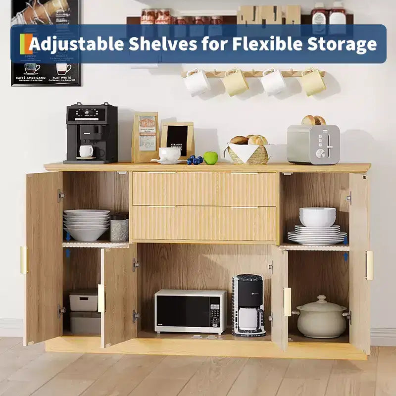 Credenza a Buffet da 147 cm, Mobile Bar per Caffè con Scanalature e 2 Cassetti, Tavolino per Media in Legno, Credenza d'Appoggio per Soggiorno, Cucina, Noce