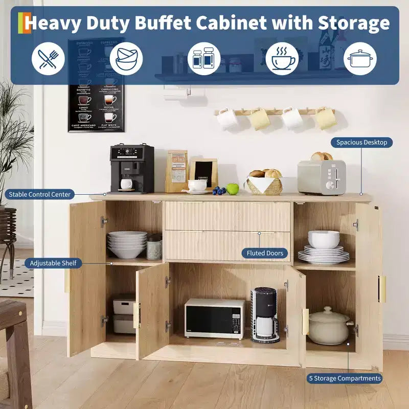 Credenza a Buffet da 147 cm, Mobile Bar per Caffè con Scanalature e 2 Cassetti, Tavolino per Media in Legno, Credenza d'Appoggio per Soggiorno, Cucina, Noce
