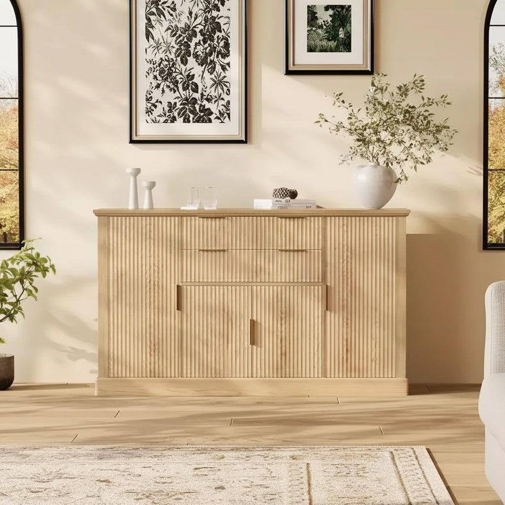 58 Sideboard Buffet Cabinet, Fluted Coffee Bar Cabinet with 2 Drawers, Wooden Media Console Table, Accent Credenza for Living Room, Kitchen, Walnut