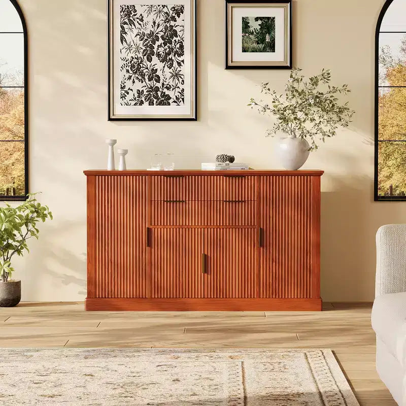 Credenza a Buffet da 147 cm, Mobile Bar per Caffè con Scanalature e 2 Cassetti, Tavolino per Media in Legno, Credenza d'Appoggio per Soggiorno, Cucina, Noce