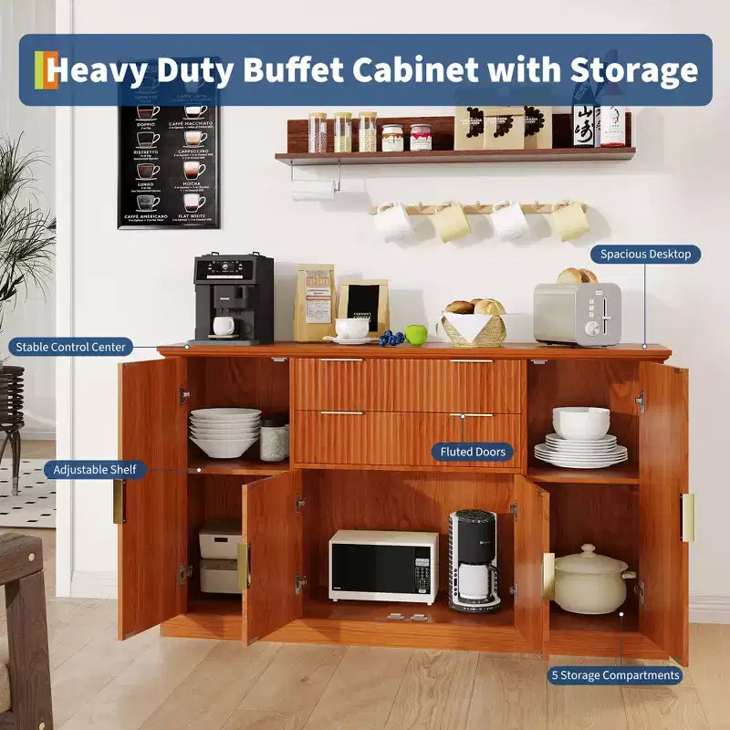 Mobile buffet contenitore scanalato da 58" con cassetti e ante, credenza moderna in stile rustico con ripiano regolabile e maniglie dorate per sala da pranzo e soggiorno