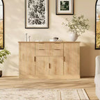 Mobile buffet contenitore scanalato da 58" con cassetti e ante, credenza moderna in stile rustico con ripiano regolabile e maniglie dorate per sala da pranzo e soggiorno
