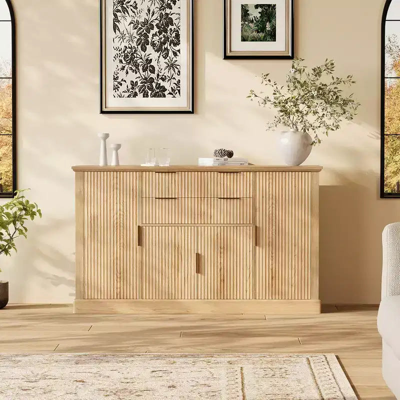 Mobile buffet contenitore scanalato da 58" con cassetti e ante, credenza moderna in stile rustico con ripiano regolabile e maniglie dorate per sala da pranzo e soggiorno
