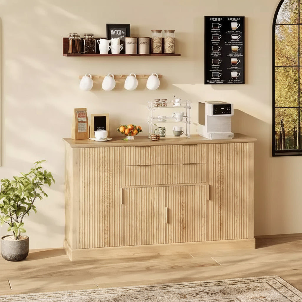Mobile buffet contenitore scanalato da 58" con cassetti e ante, credenza moderna in stile rustico con ripiano regolabile e maniglie dorate per sala da pranzo e soggiorno