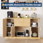 Mobile buffet contenitore scanalato da 58" con cassetti e ante, credenza moderna in stile rustico con ripiano regolabile e maniglie dorate per sala da pranzo e soggiorno