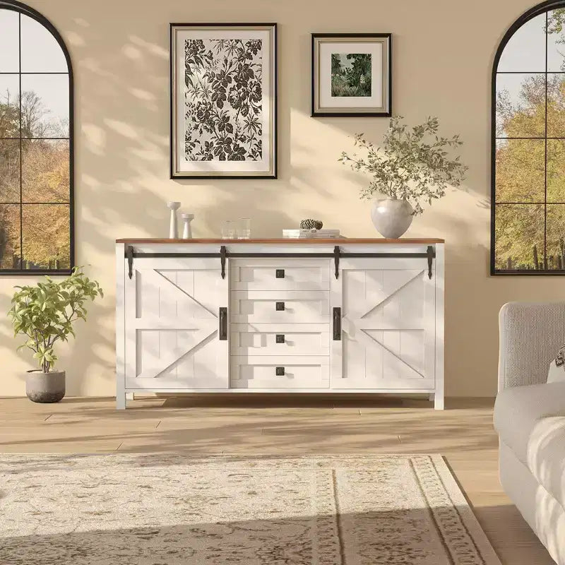 Credenza/Mobile Buffet da 60" in stile rustico con ante scorrevoli a fienile e 4 cassetti