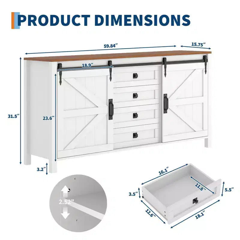 Credenza/Mobile Buffet da 60" in stile rustico con ante scorrevoli a fienile e 4 cassetti