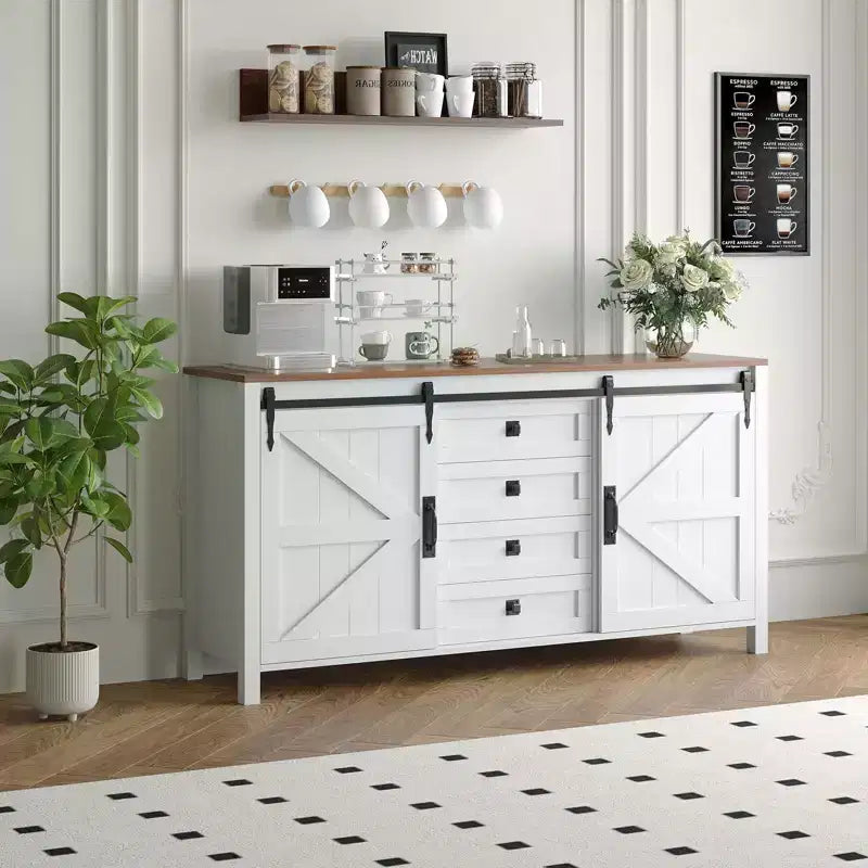 Credenza/Mobile Buffet da 60" in stile rustico con ante scorrevoli a fienile e 4 cassetti
