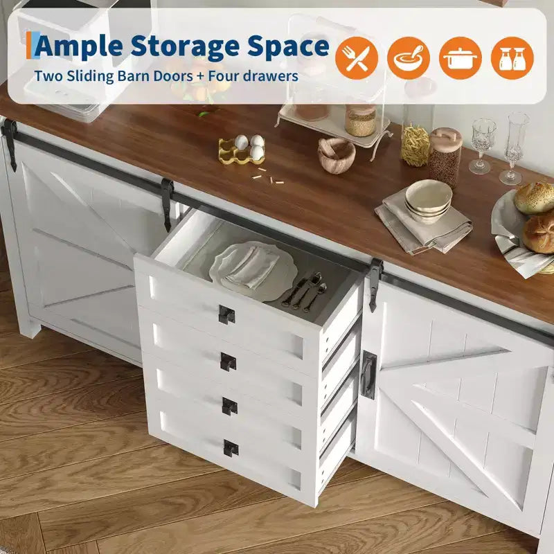 Credenza/Mobile Buffet da 60" in stile rustico con ante scorrevoli a fienile e 4 cassetti
