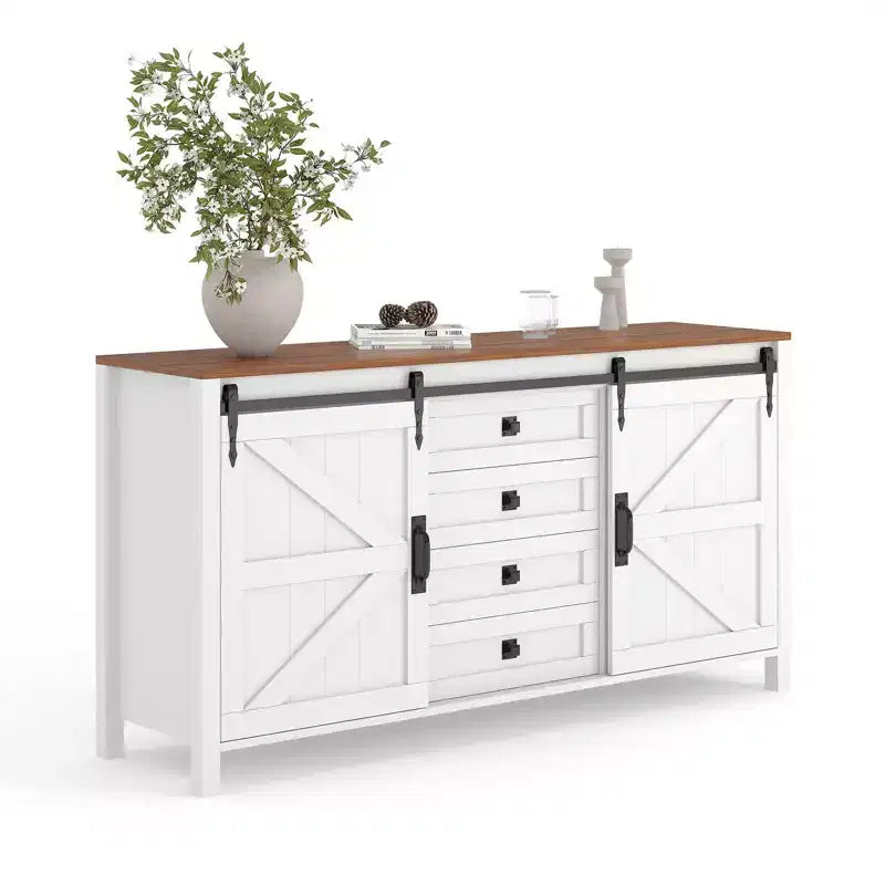 Credenza/Mobile Buffet da 60" in stile rustico con ante scorrevoli a fienile e 4 cassetti