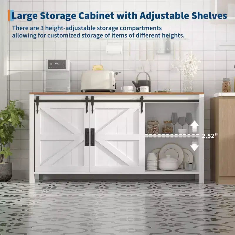 Credenza/Mobile Buffet da 60" in stile rustico con ante scorrevoli a fienile e 4 cassetti