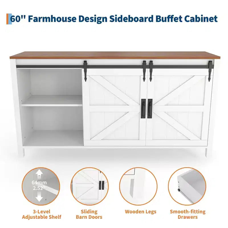 Credenza/Mobile Buffet da 60" in stile rustico con ante scorrevoli a fienile e 4 cassetti