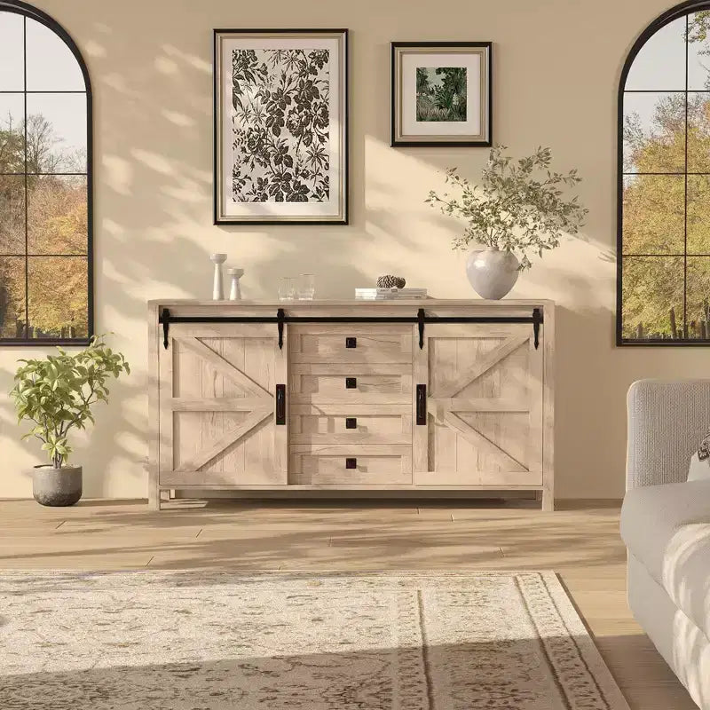 Credenza/Mobile Buffet da 60" in stile rustico con ante scorrevoli a fienile e 4 cassetti