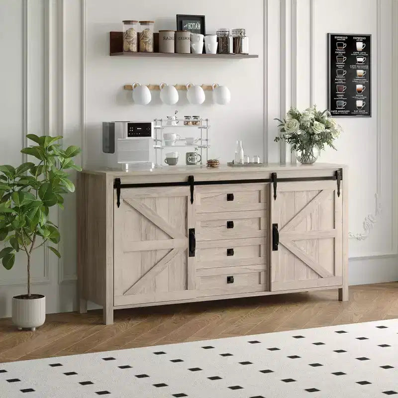 Credenza/Mobile Buffet da 60" in stile rustico con ante scorrevoli a fienile e 4 cassetti
