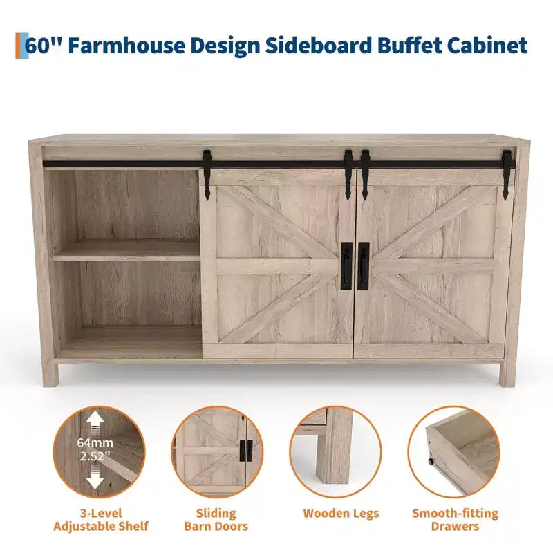 Credenza/Mobile Buffet da 60" in stile rustico con ante scorrevoli a fienile e 4 cassetti