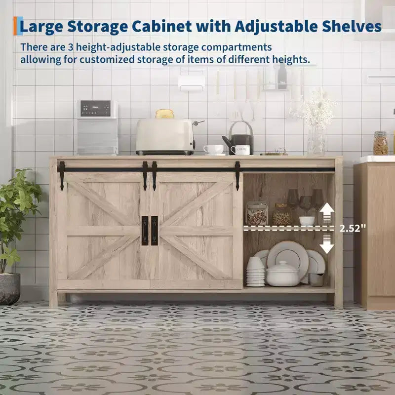 Credenza/Mobile Buffet da 60" in stile rustico con ante scorrevoli a fienile e 4 cassetti