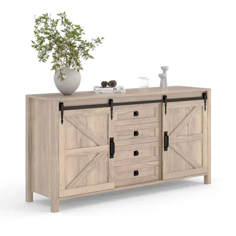 Credenza/Mobile Buffet da 60" in stile rustico con ante scorrevoli a fienile e 4 cassetti