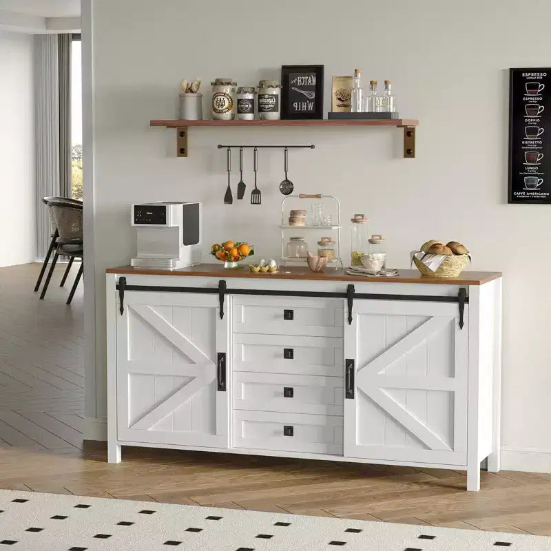 Credenza/Mobile Buffet da 60" in stile rustico con ante scorrevoli a fienile e 4 cassetti