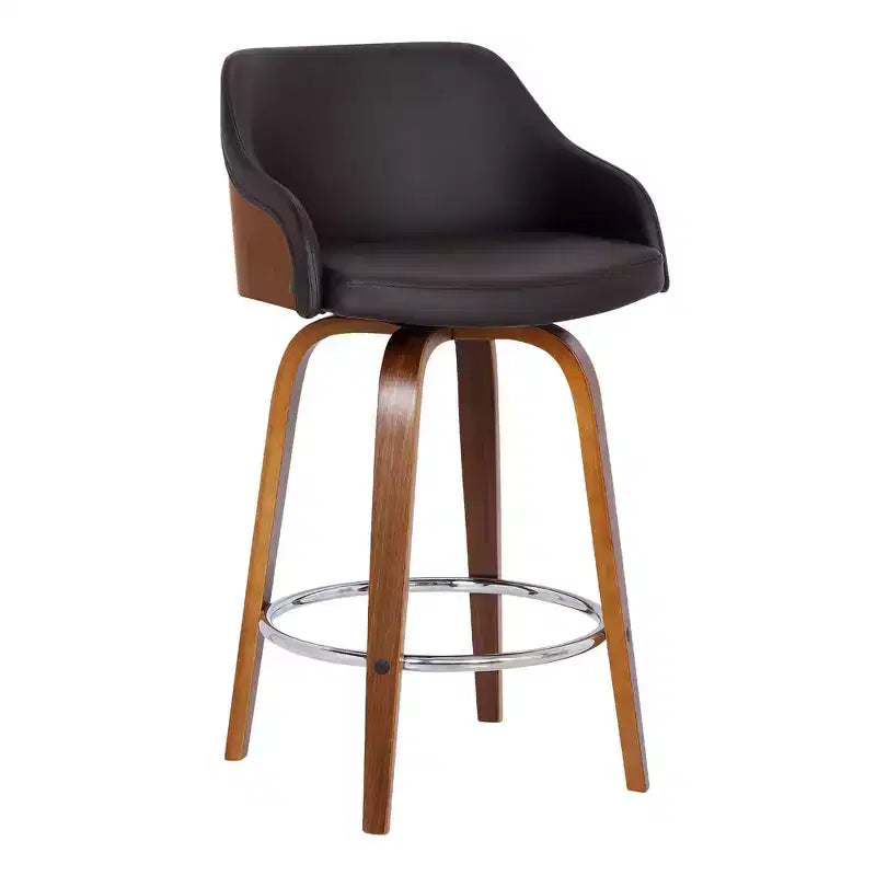 30" Alec Bar Height Swivel Barstool Walnut/Brown - Armen Living: Mid-Century Modern, Adjustable, Chrome-Plated, Faux Leather