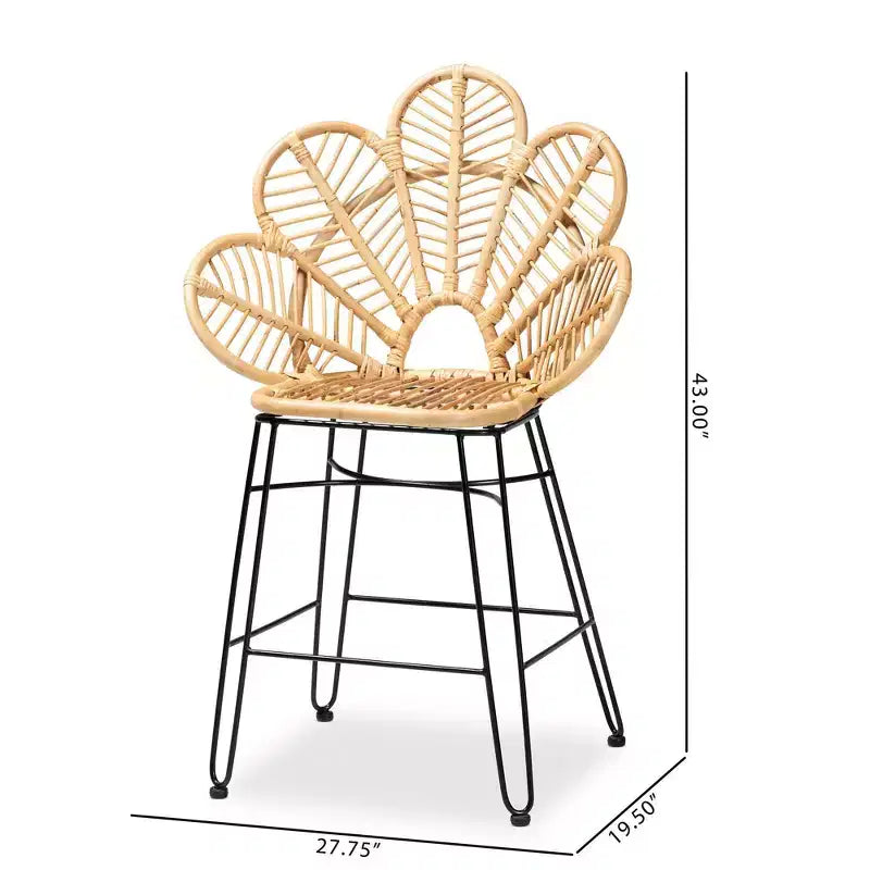 Sgabello da Bar Garan in Rattan e Metallo, Altezza Bancone, Naturale/Nero: Stile Bohemien, Altezza Seduta 62,2 cm