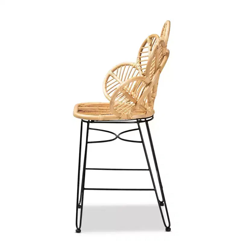Sgabello da Bar Garan in Rattan e Metallo, Altezza Bancone, Naturale/Nero: Stile Bohemien, Altezza Seduta 62,2 cm