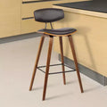Sgabello da bar Fox Mid-Century con altezza da bancone 26" in similpelle marrone con legno di noce: Seduta quadrata imbottita, Schienale imbottito
