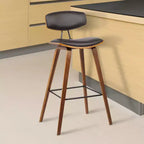 Sgabello da bar Fox Mid-Century con altezza da bancone 26" in similpelle marrone con legno di noce: Seduta quadrata imbottita, Schienale imbottito