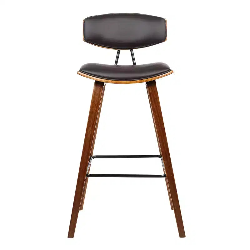Sgabello da bar Fox Mid-Century con altezza da bancone 26" in similpelle marrone con legno di noce: Seduta quadrata imbottita, Schienale imbottito