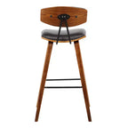 Sgabello da bar Fox Mid-Century con altezza da bancone 26" in similpelle marrone con legno di noce: Seduta quadrata imbottita, Schienale imbottito
