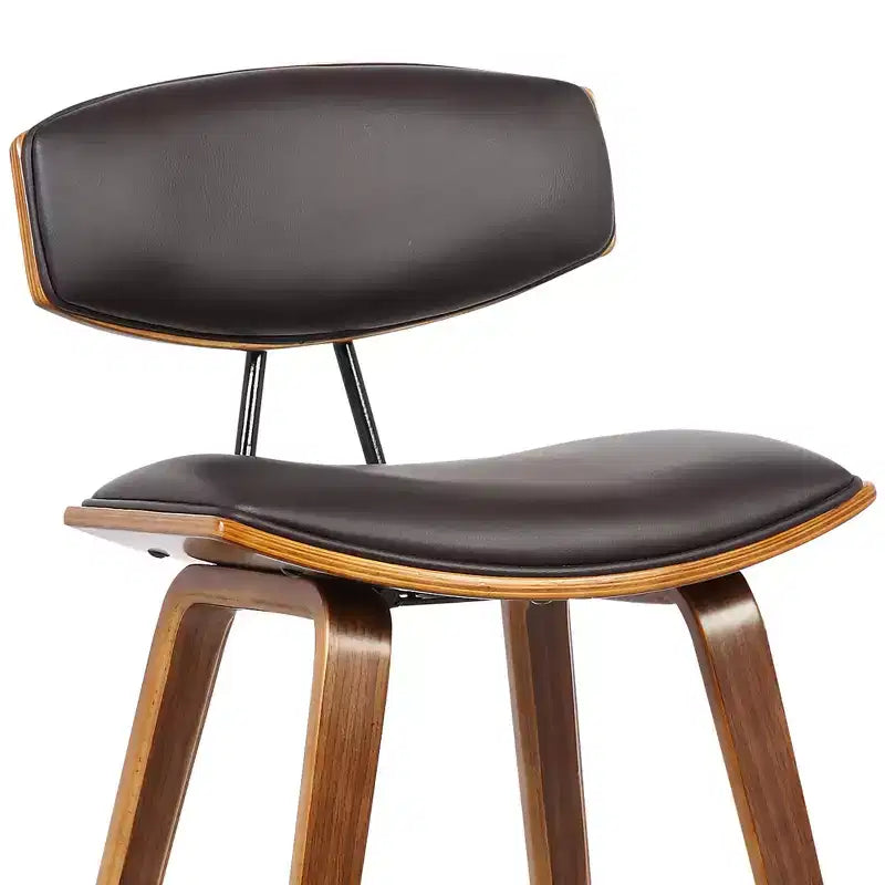 Sgabello da bar Fox Mid-Century con altezza da bancone 26" in similpelle marrone con legno di noce: Seduta quadrata imbottita, Schienale imbottito