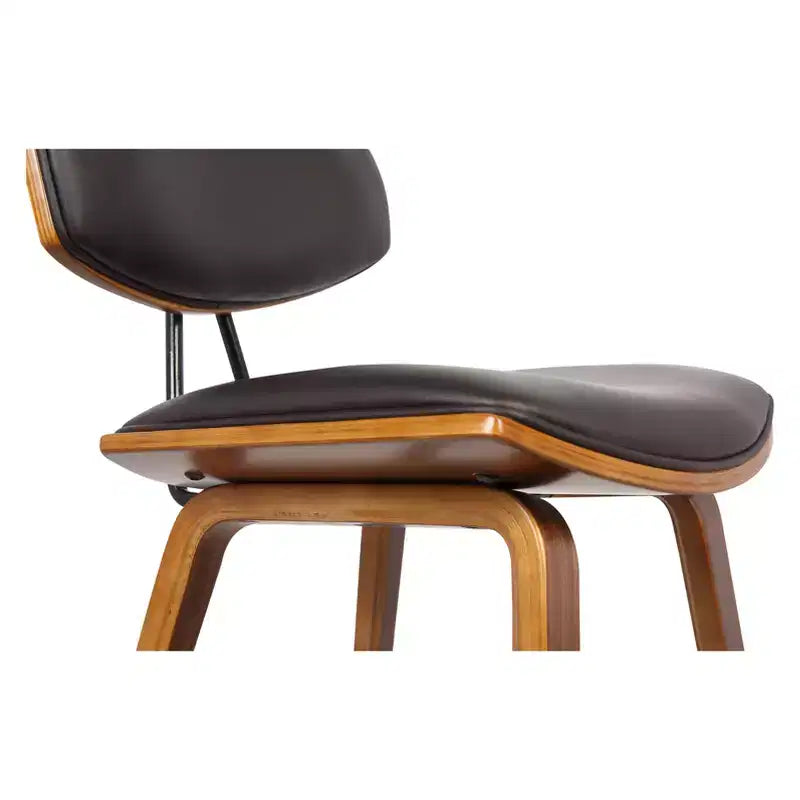 Sgabello da bar Fox Mid-Century con altezza da bancone 26" in similpelle marrone con legno di noce: Seduta quadrata imbottita, Schienale imbottito