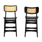 Baxton Studio Tafari Wood and Rattan 2pc Counter Height Barstool Set Dark Brown/Light Brown: Mid-Century, Ergonomic Footrest