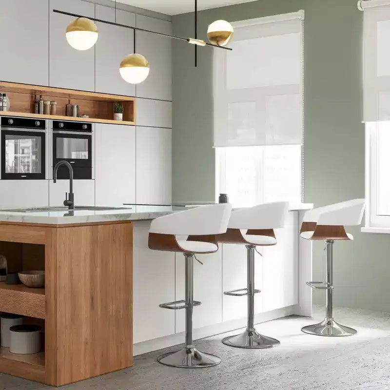 Sgabello da bar girevole regolabile Calinda Bianco: Moderno di metà secolo, Struttura in legno curvato, Rivestimento in lino