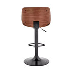 Sgabello da bar Brock regolabile ad altezza bancone con seduta in similpelle, schienale con finitura noce e base in acciaio