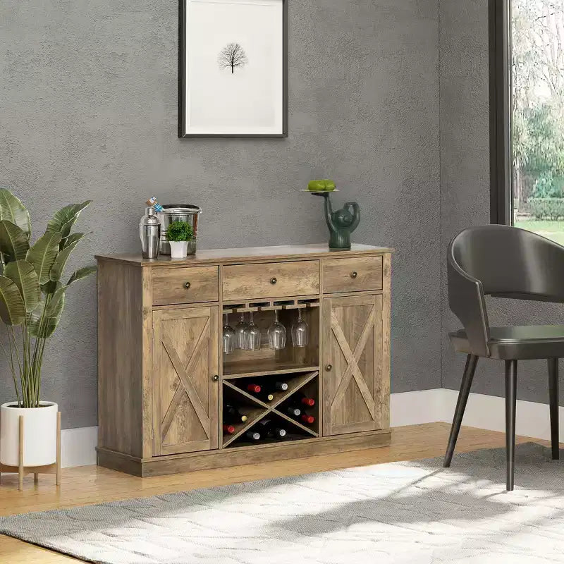 Credenza a buffet da fattoria con portabottiglie a X, portabicchieri, 3 cassetti