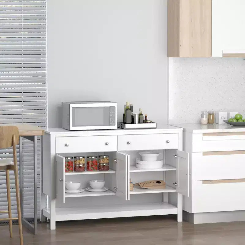 Mobile credenza moderno da 47", armadietto da buffet, mobiletto d'accento con ripiani e cassetti regolabili, per soggiorno, bianco
