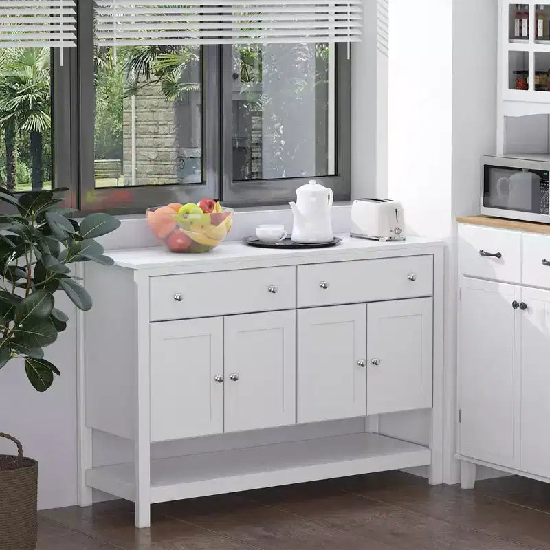 Mobile credenza moderno da 47", armadietto da buffet, mobiletto d'accento con ripiani e cassetti regolabili, per soggiorno, bianco