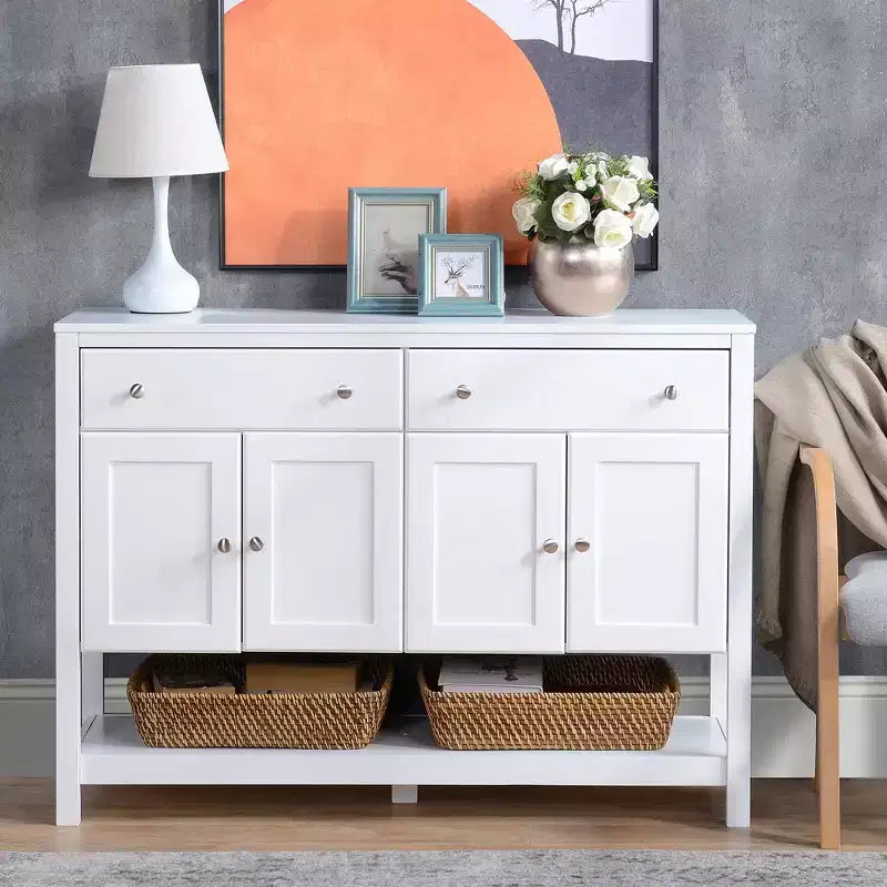 Mobile credenza moderno da 47", armadietto da buffet, mobiletto d'accento con ripiani e cassetti regolabili, per soggiorno, bianco